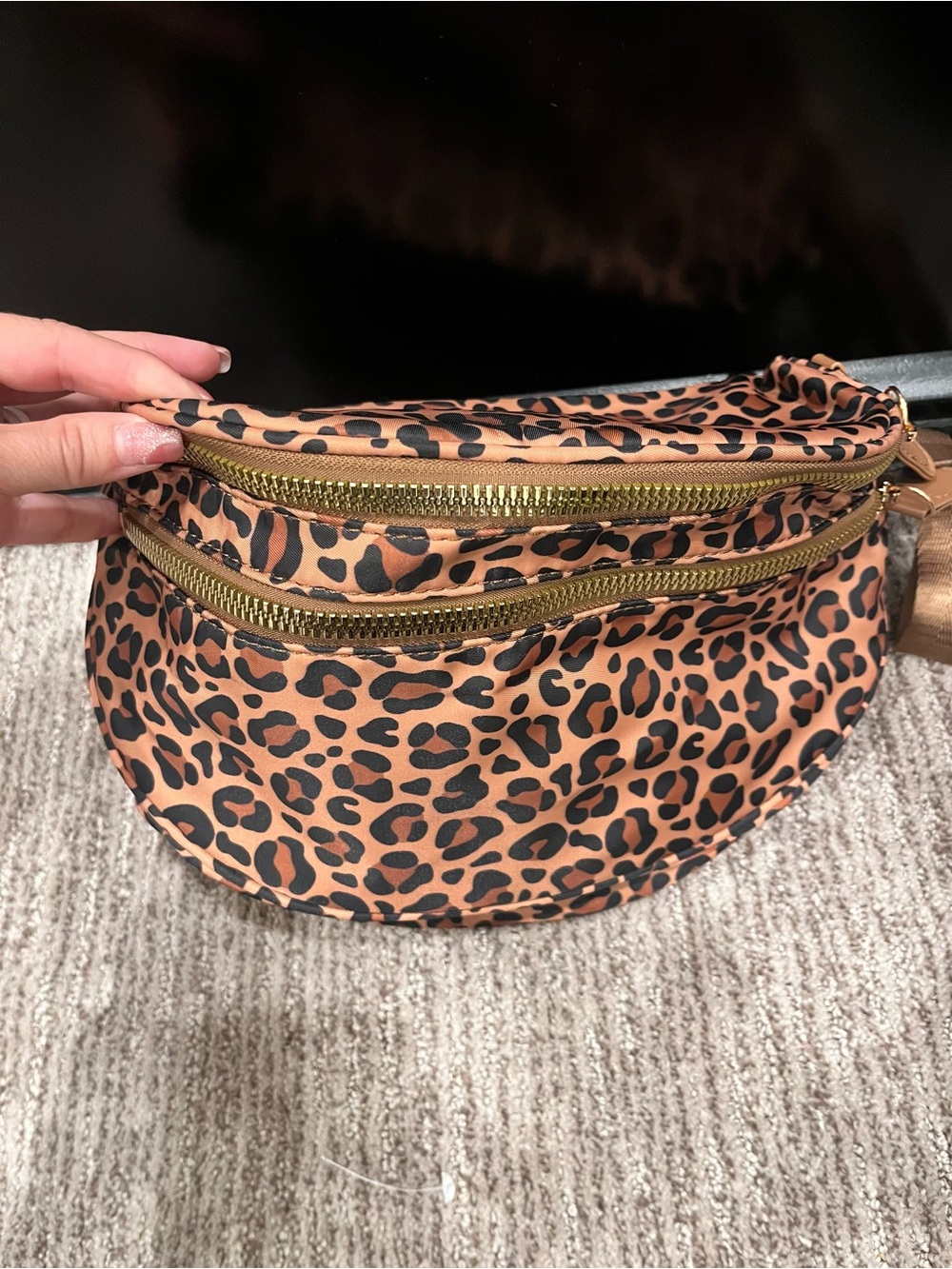 Leopard Print Crossbody Belt Bag - Tan and Black